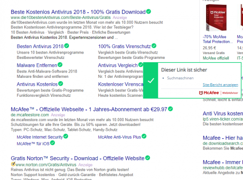 Display of the safe search from McAfee
