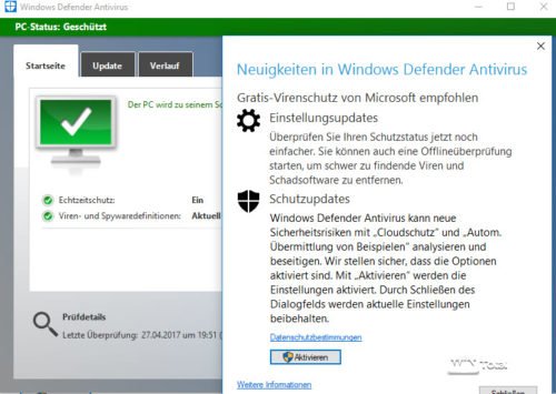 Windows Defender under Windows 10 with GUI