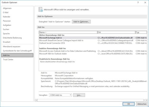The add-ins in the Outlook options