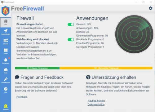 The free Evorm Freefirewall in German under Windows 10